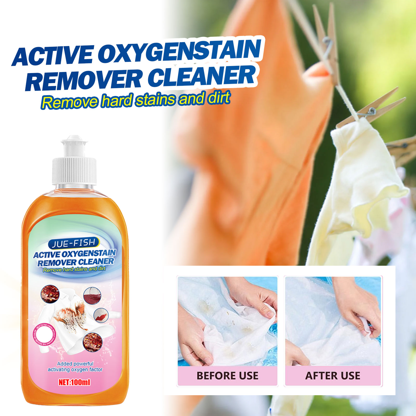White pump dispenser on translucent orange stain remover bottle