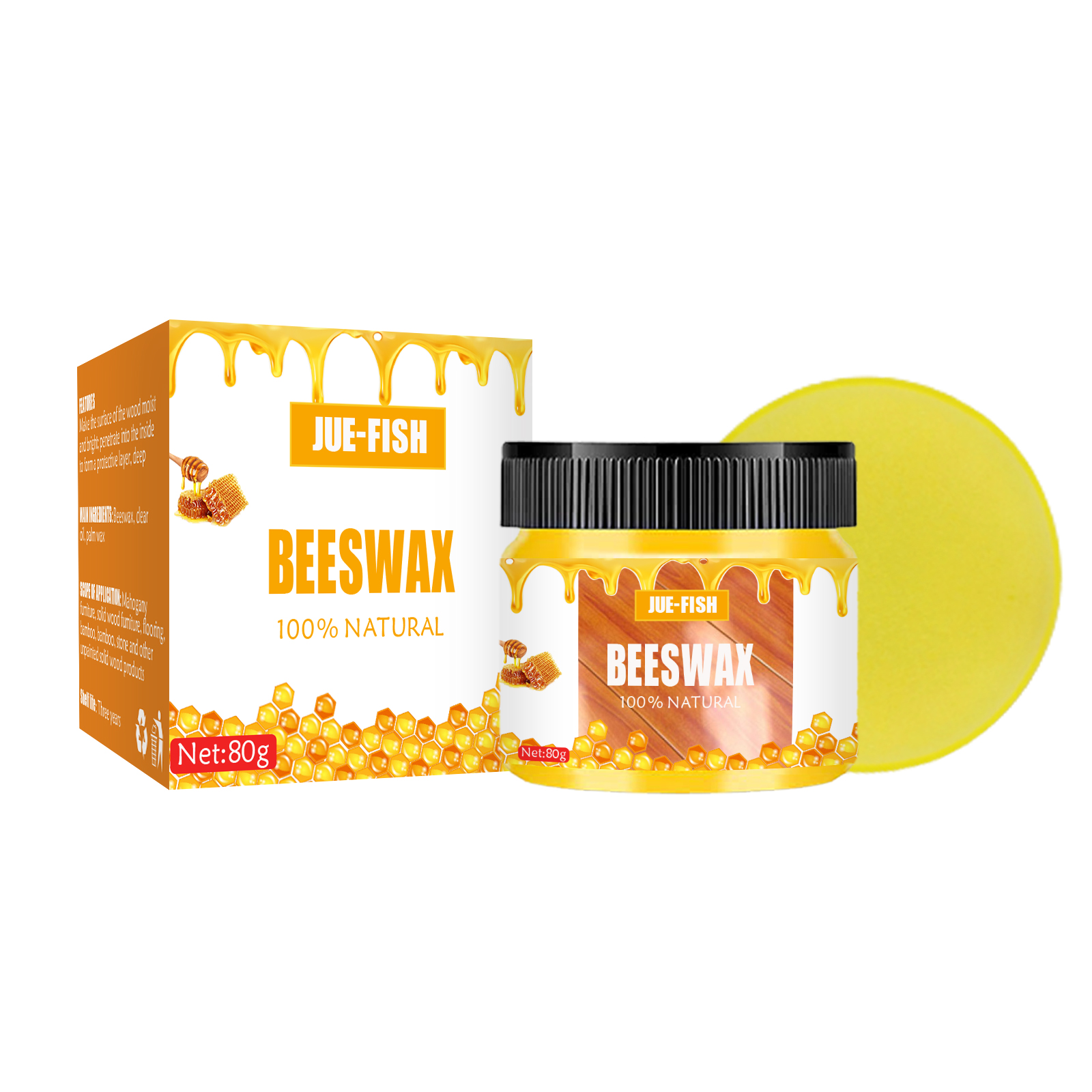 Solid natural beeswax shown through clear screw-top jar
