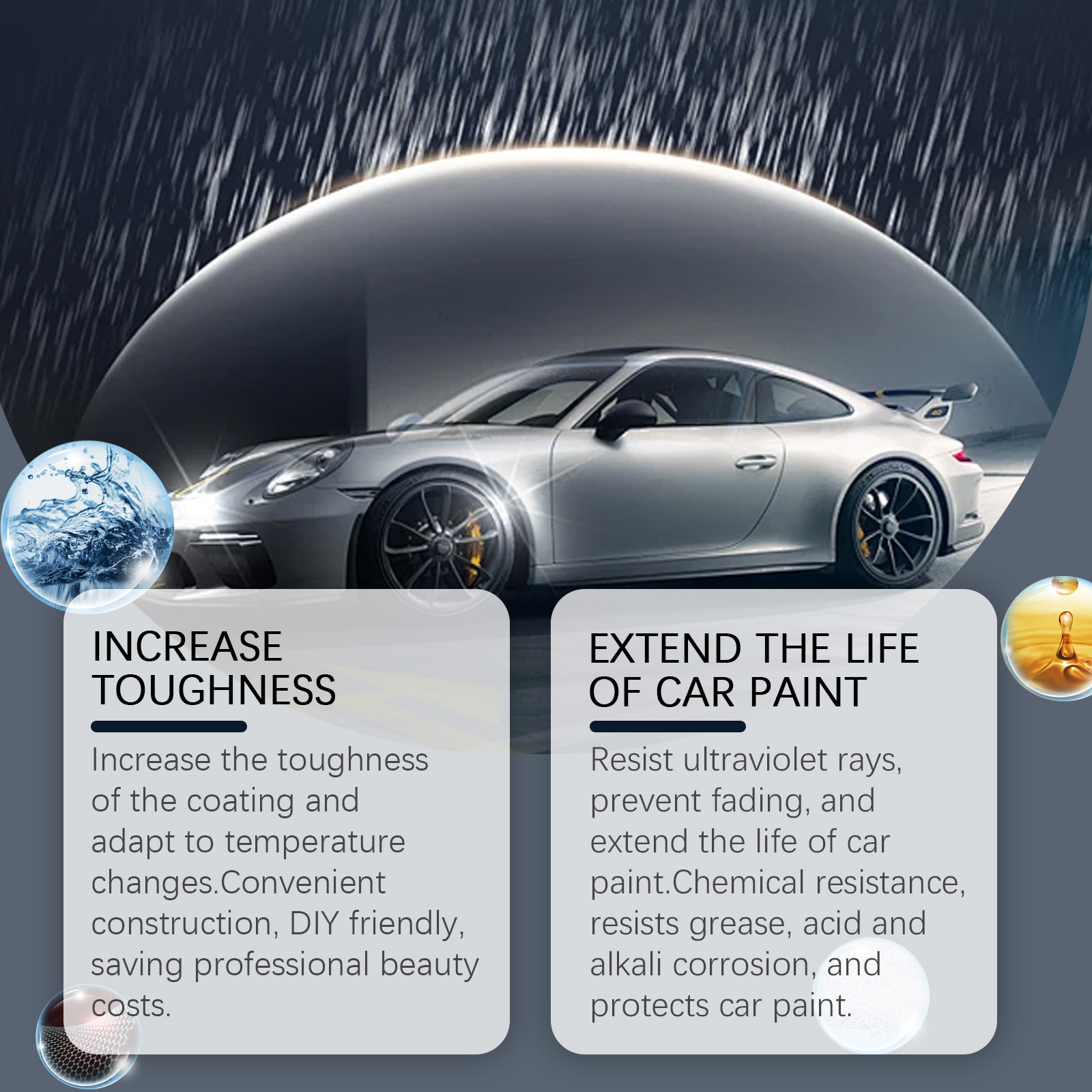Glossy silver car with coating toughness and UV benefits