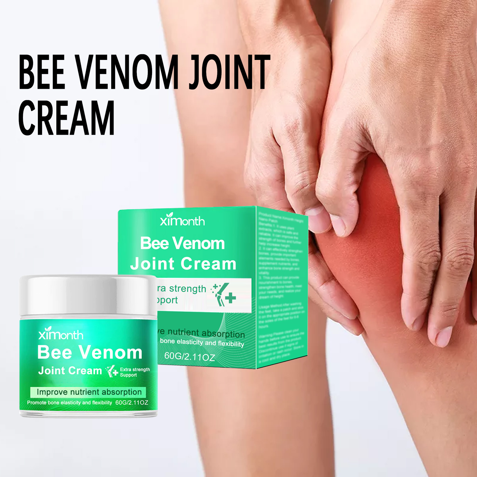 Bee venom joint cream beside hands touching knee