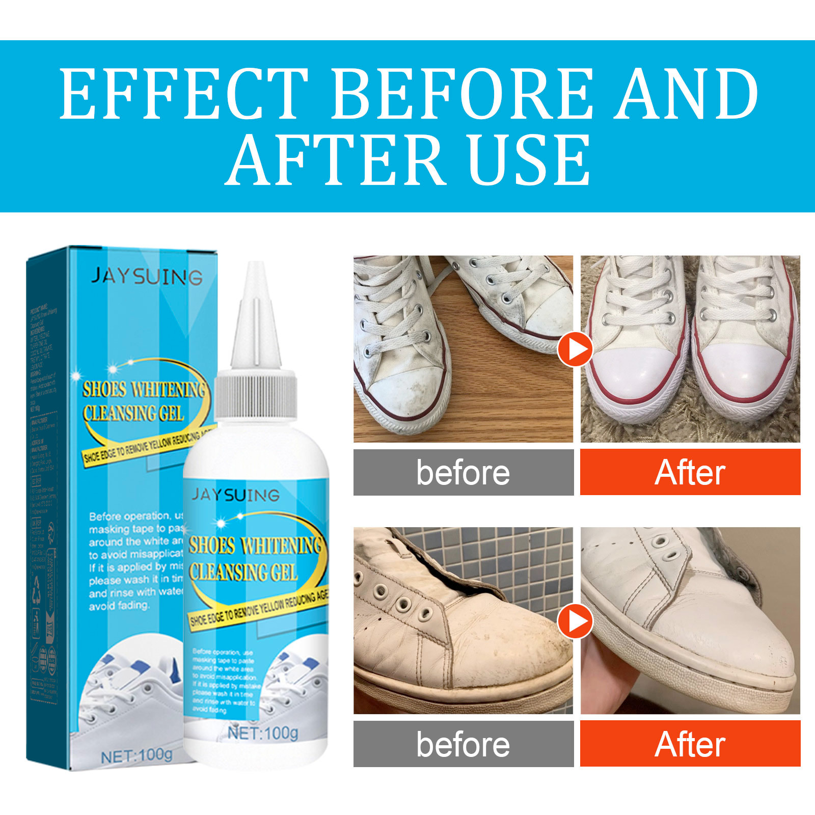 White shoes shown before and after targeted gel cleaning