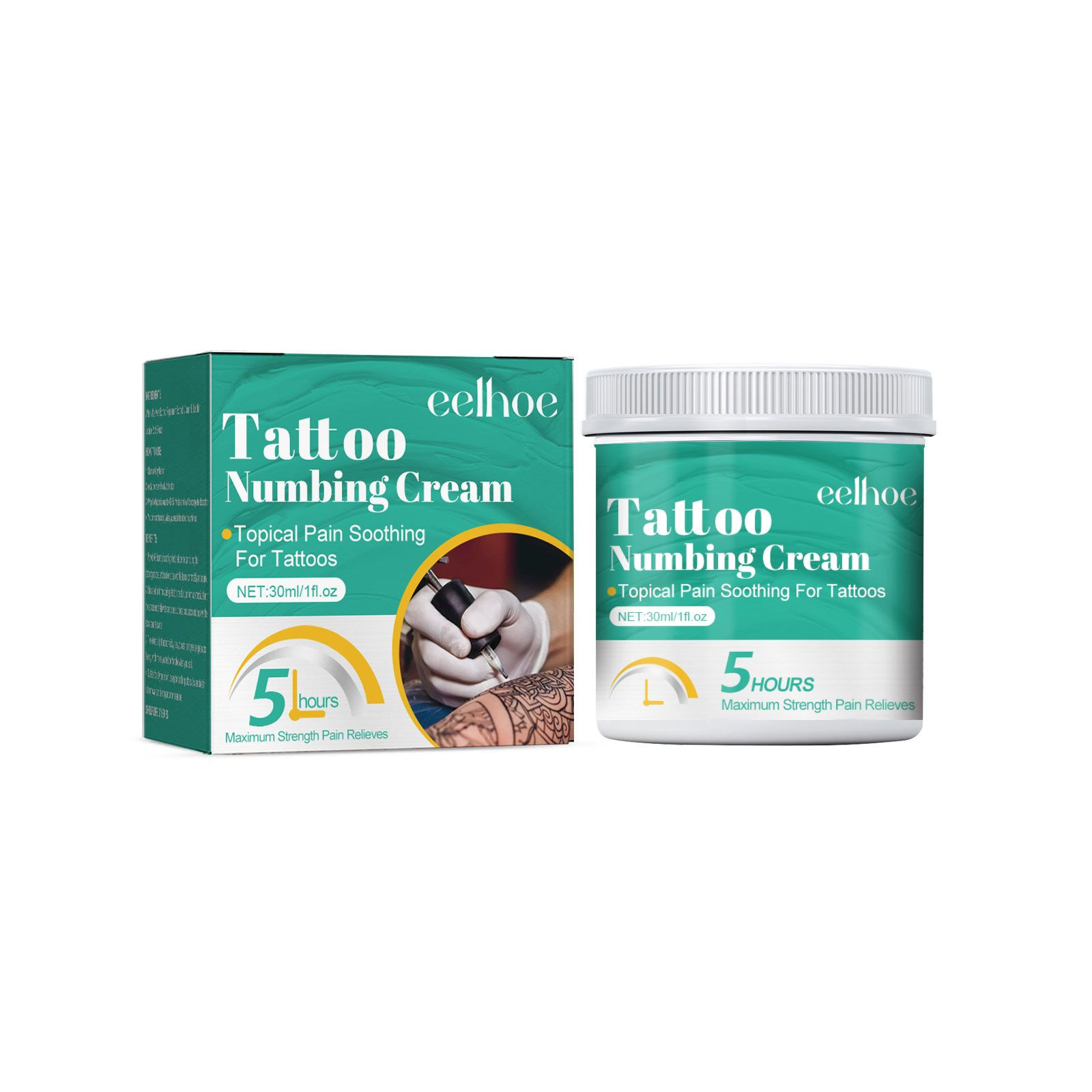Tattoo cream packaging beside tattooing scene