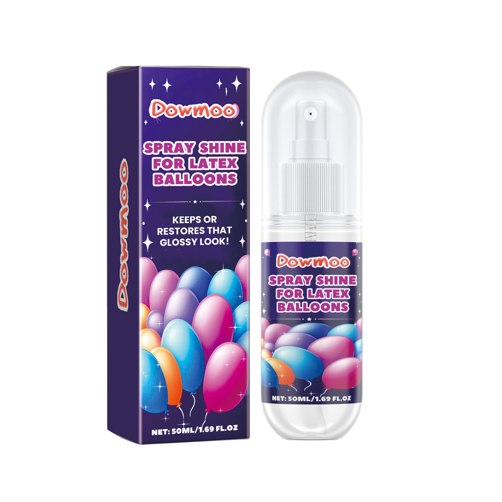 Compact balloon spray bottle with colorful matching box