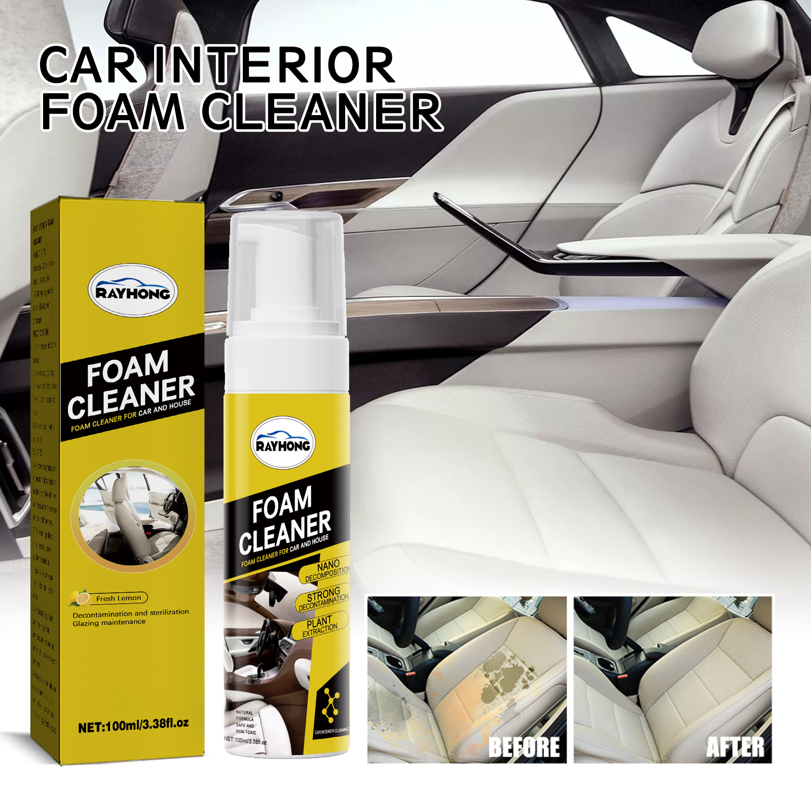Before and after view of a brighter cleaned car seat