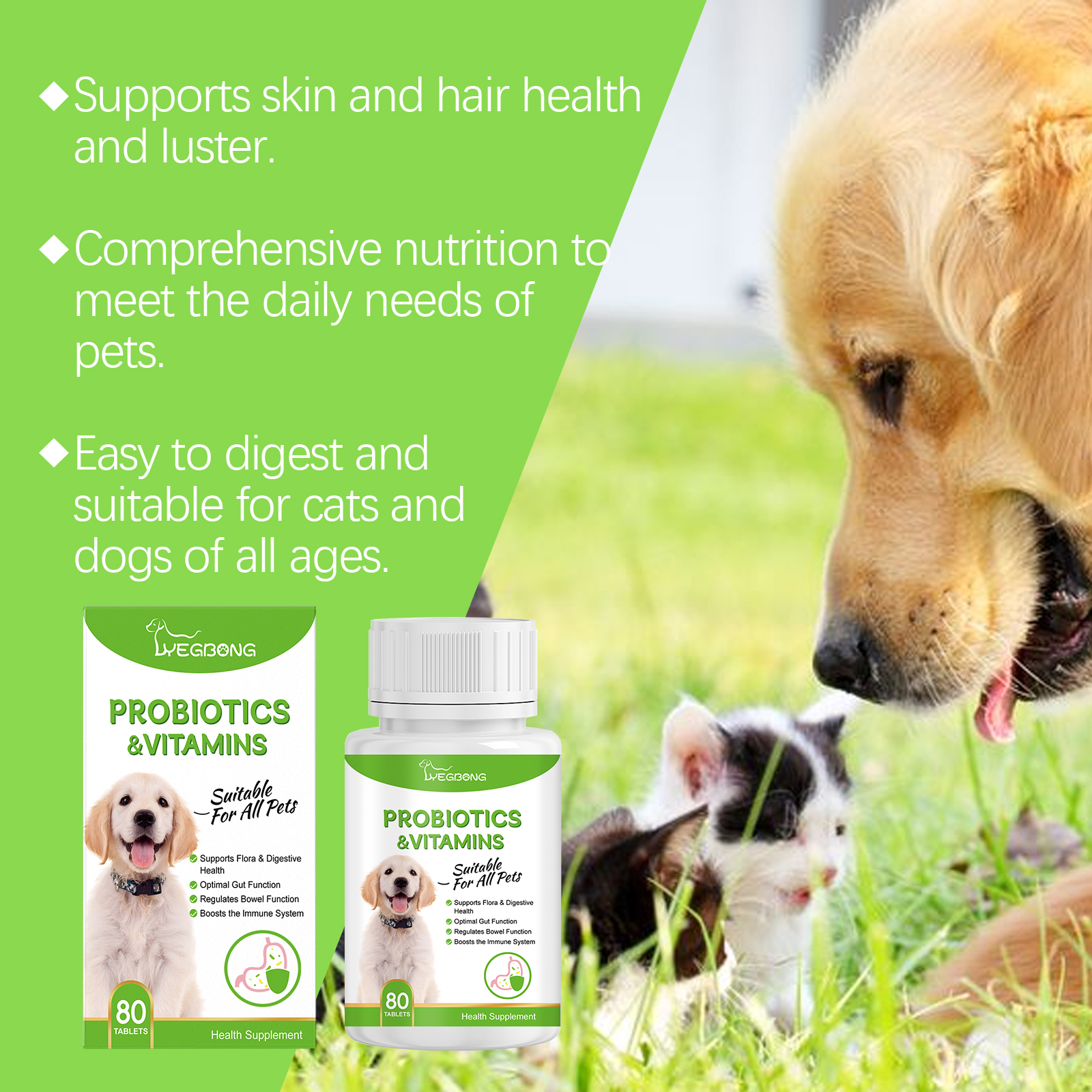Green pet supplement panel with digestive wellness claims