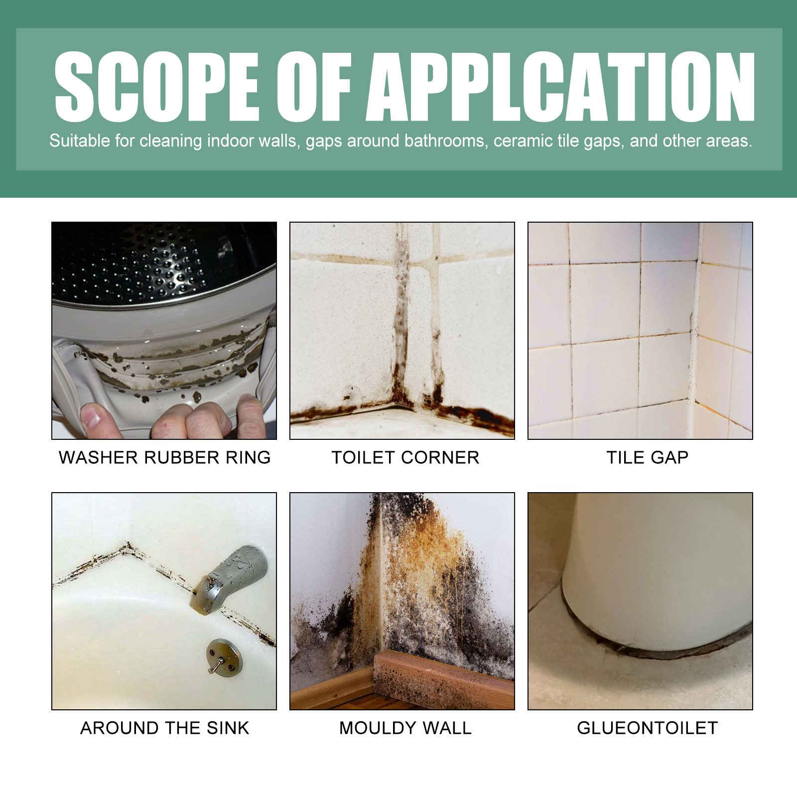 Mildew remover application areas around household fixtures