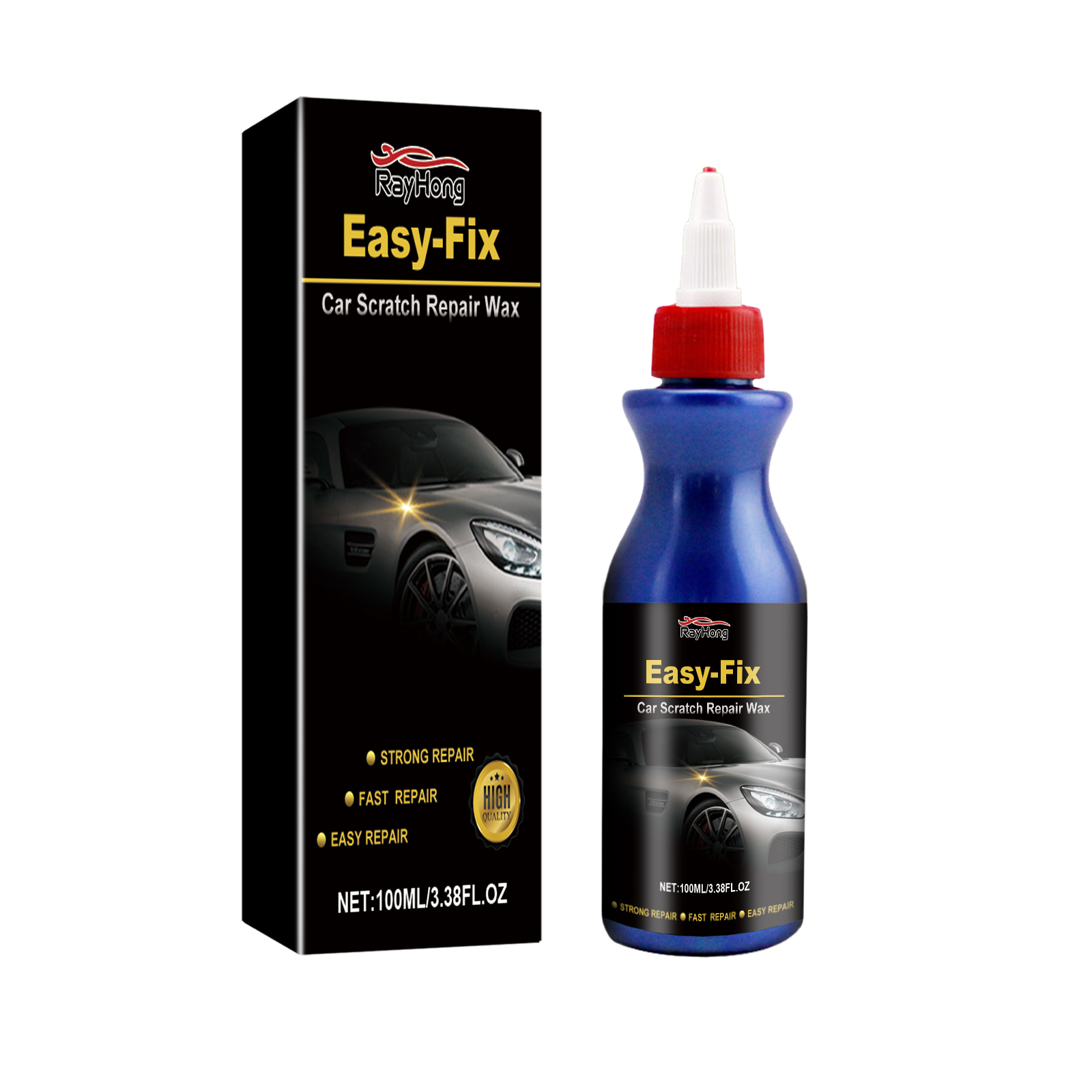 Blue squeeze bottle and boxed automotive repair wax