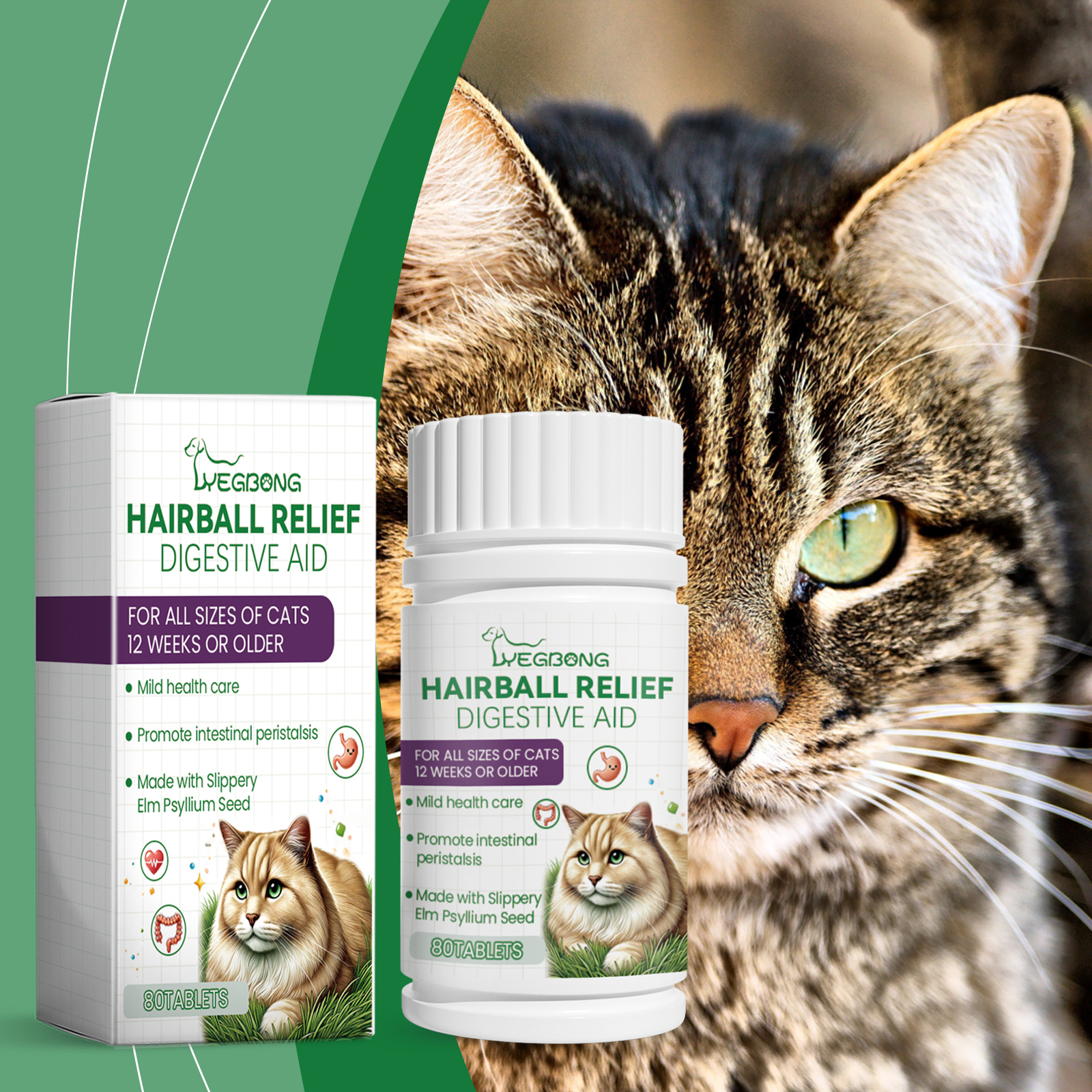 Herbal cat supplement shown with a close-up tabby cat