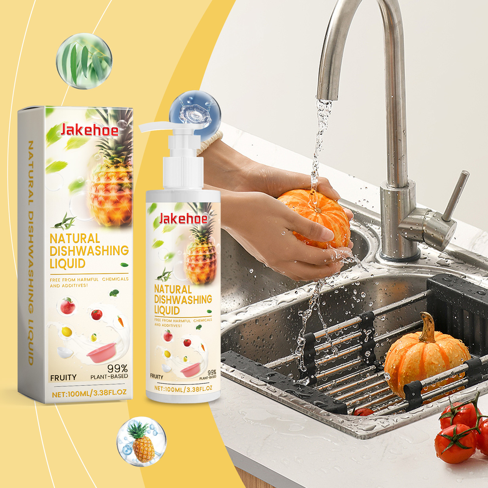 Jakehoe cleaner beside hands washing fresh orange