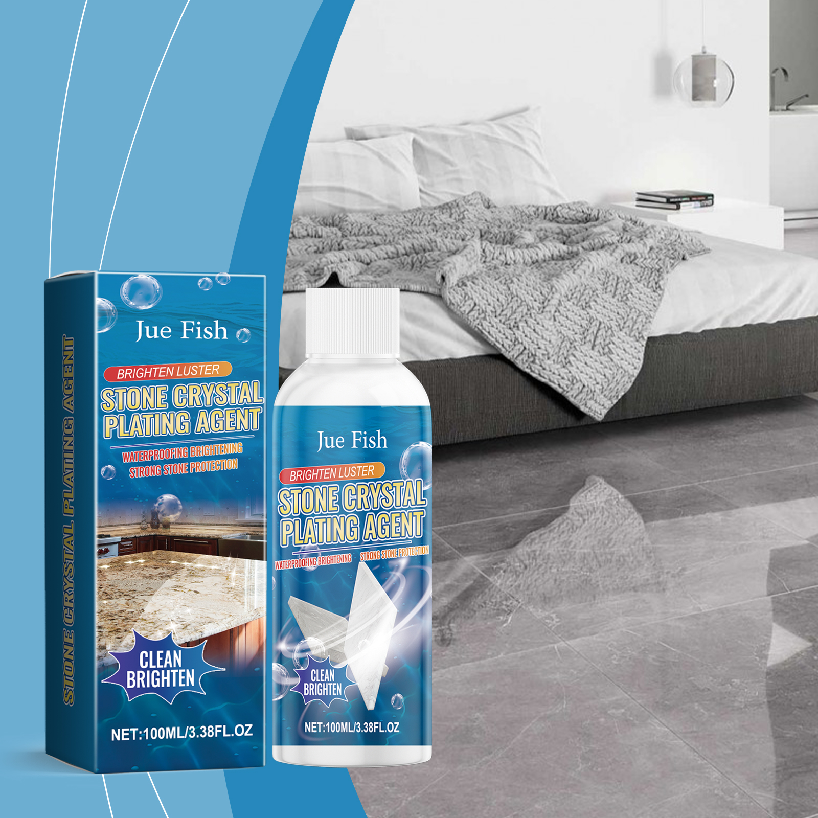 Stone care product staged beside tiled household floor
