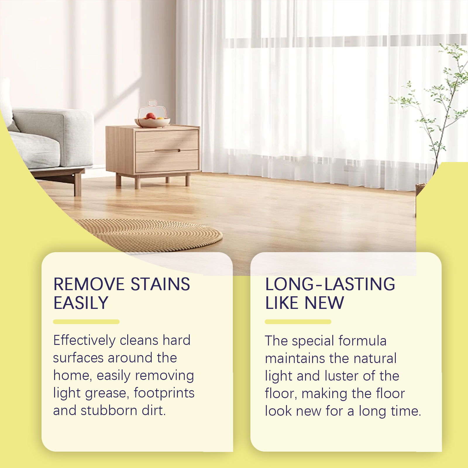 Bright wood floor with stain cleaning and luster claims