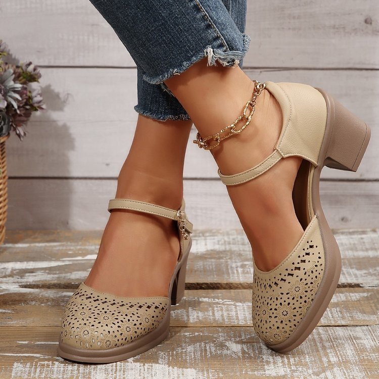 Retro versatile sandals with hollowed out mid heeled toe caps single button shoes for women image 6
