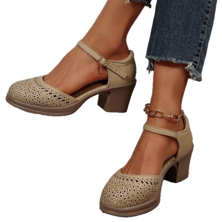 Retro versatile sandals with hollowed out mid heeled toe caps single button shoes for women image 4