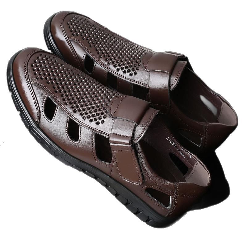 Men's leather sandals summer breathable leather shoes middle-aged and elderly soft soled dad's perforated shoes image 3