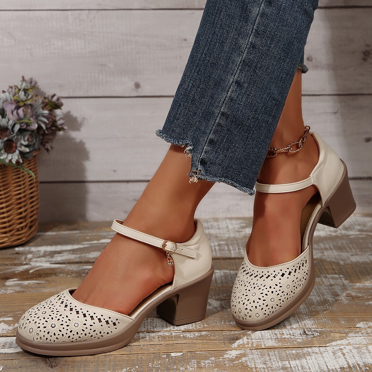 Retro versatile sandals with hollowed out mid heeled toe caps single button shoes for women image 5
