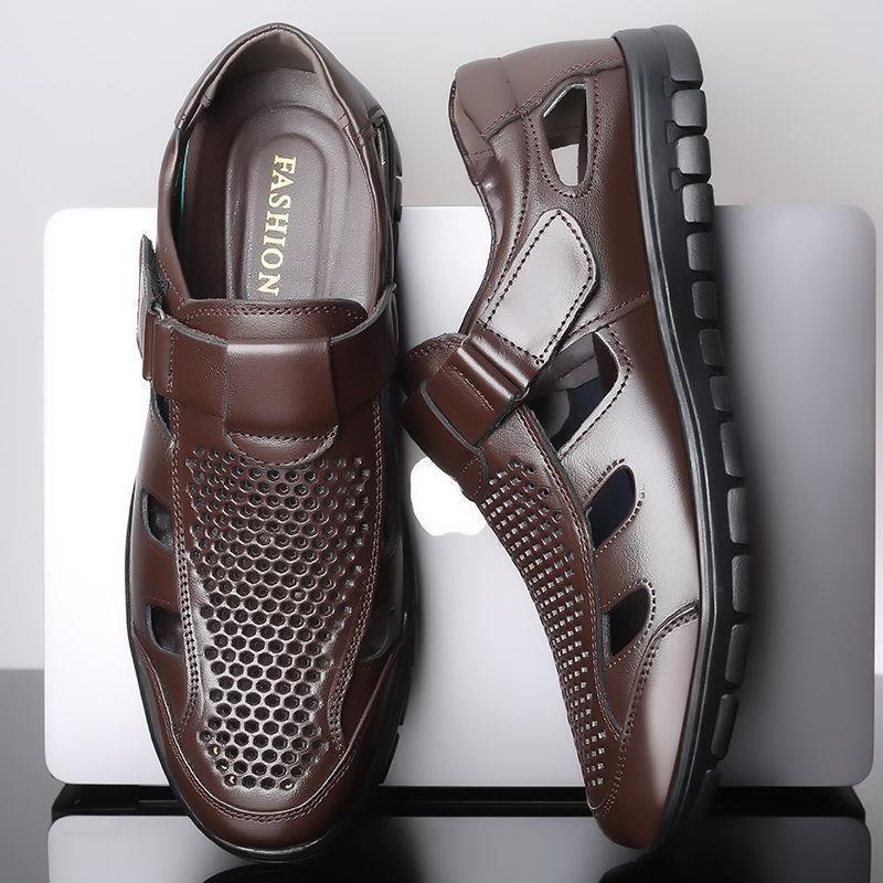 Men's leather sandals summer breathable leather shoes middle-aged and elderly soft soled dad's perforated shoes image 4