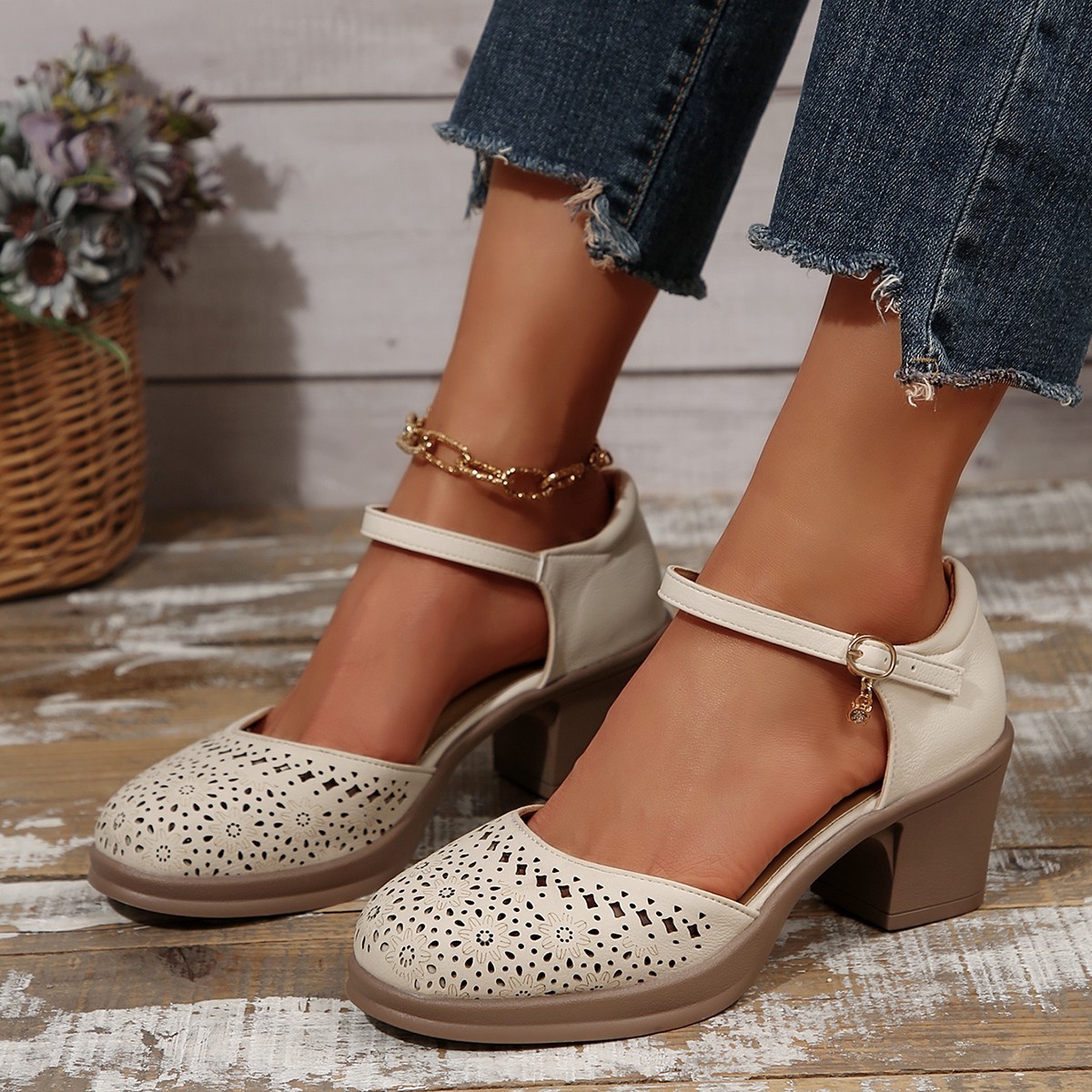 Retro versatile sandals with hollowed out mid heeled toe caps single button shoes for women image 7