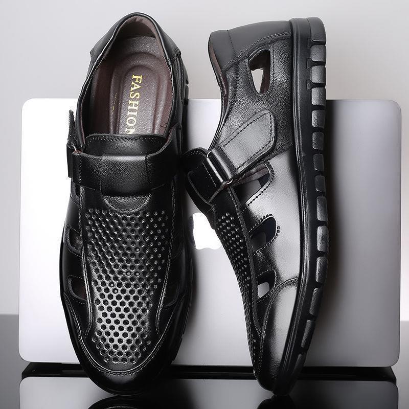 Men's leather sandals summer breathable leather shoes middle-aged and elderly soft soled dad's perforated shoes image 5
