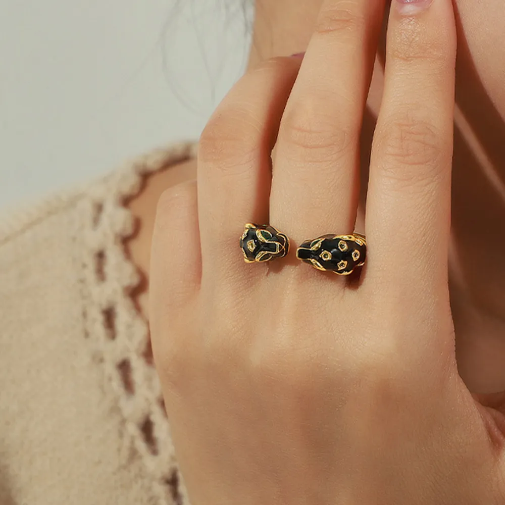 Black Panther Diamond Set Enamel Glazed Open Ring Fashionable and niche Design Jewelry for Women