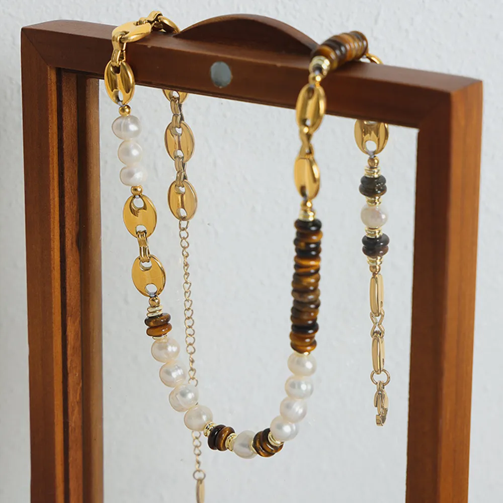 Versatile Light Luxury Titanium Steel Freshwater Pearl Tiger Eye Stone Pig Nose Chain Necklace