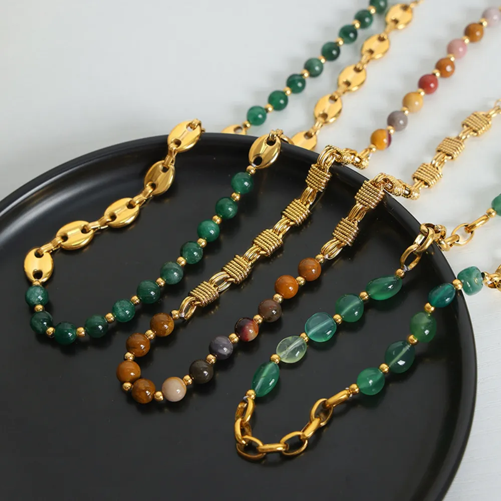 Agate bead chain design with titanium steel gold-plated necklace
