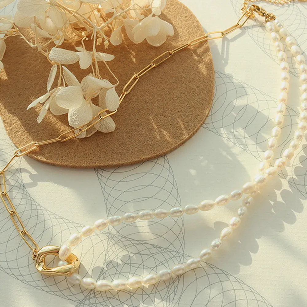 freshwater pearl patchwork necklace made of stainless steel and 18K gold for women