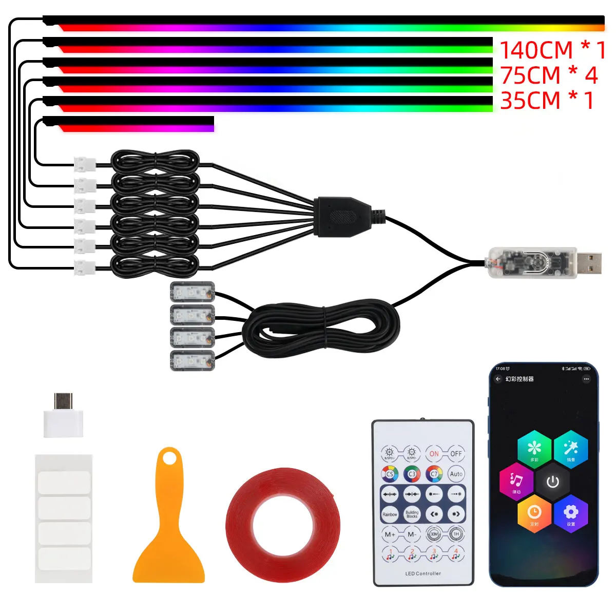 10 in 1 Car LED Acrylic Light Strip RGB Symphony Auto Interior Strip Lights Remote/APP Control