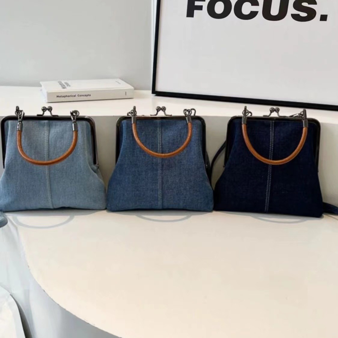 Small handbag women's handbag handmade denim splicing hand-held crossbody bag single shoulder bag
