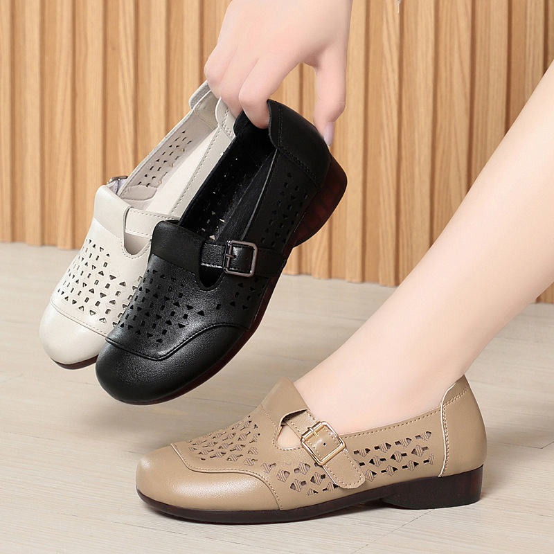 Women's singles leather shoes loafers soft soled soft top perforated sandals image 8