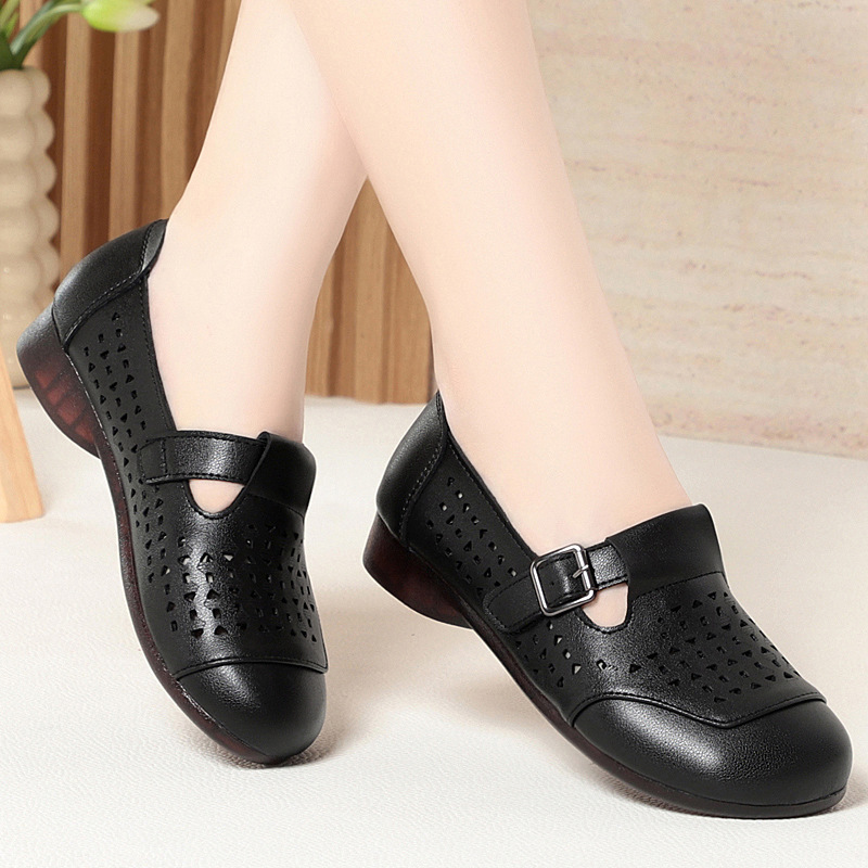 Women's singles leather shoes loafers soft soled soft top perforated sandals image 6