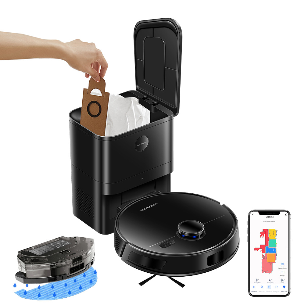 Robot vacuum disc on floor with Li-DAR sensor visible, top-down view