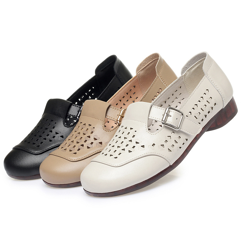 Women's singles leather shoes loafers soft soled soft top perforated sandals