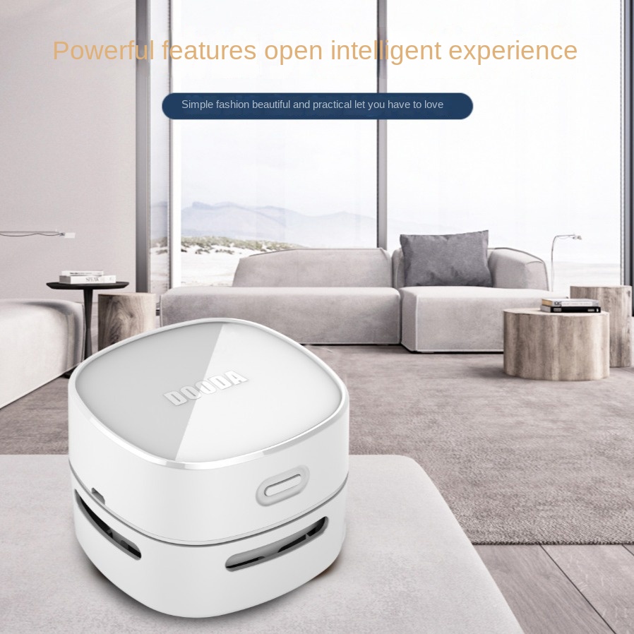 White vacuum on modern living room floor, ready for quick cleanups