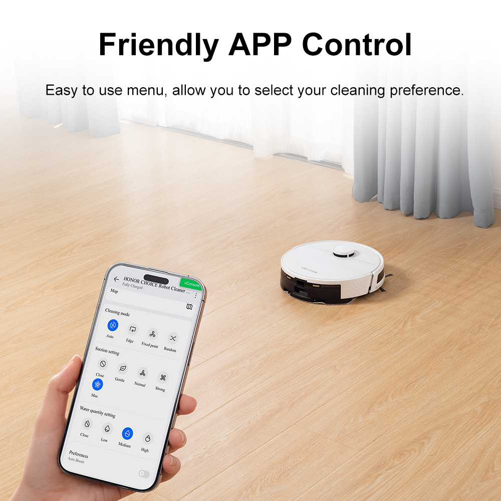 Smartphone screen showing app with mopping and suction settings