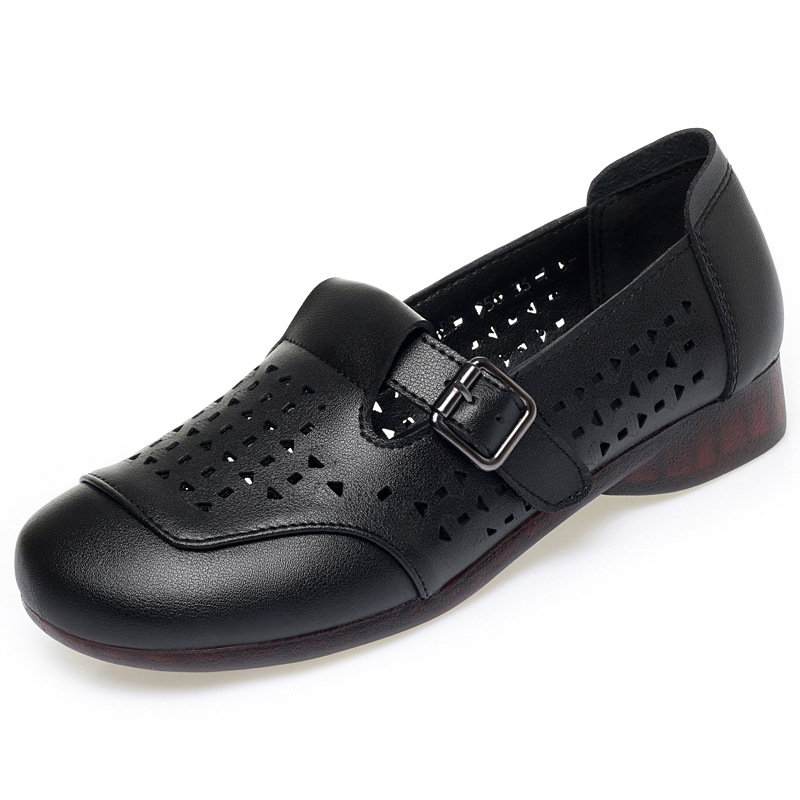 Women's singles leather shoes loafers soft soled soft top perforated sandals image 4