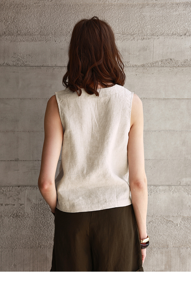 Vintage Linen V-Neck Sleeveless Vest Front Close-Up