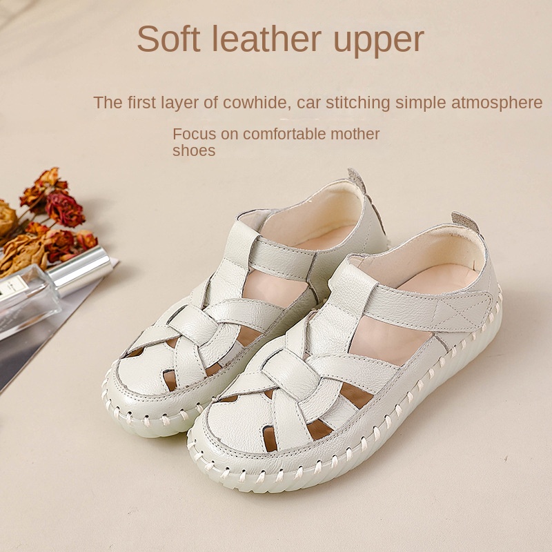 Leather perforated shoes with hollowed out toe caps for women soft soled non slip flat sandals for women image 8