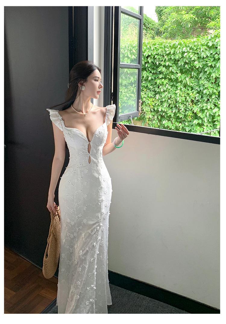 Flutter Sleeve Cream White French Lace Fitted Floral Maxi Dress 314DD758EC0E15E226429C45AA0ADD4E