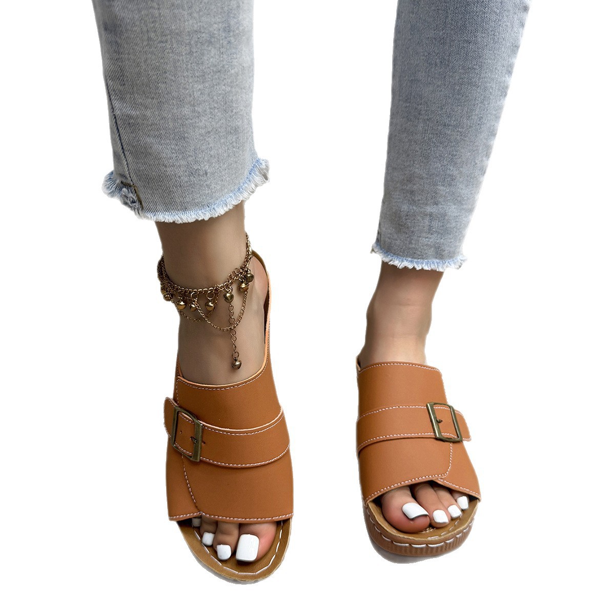 Versatile Buckle Wedge Heel Thick Sole Slip-On Beach Sandals for Women image 3