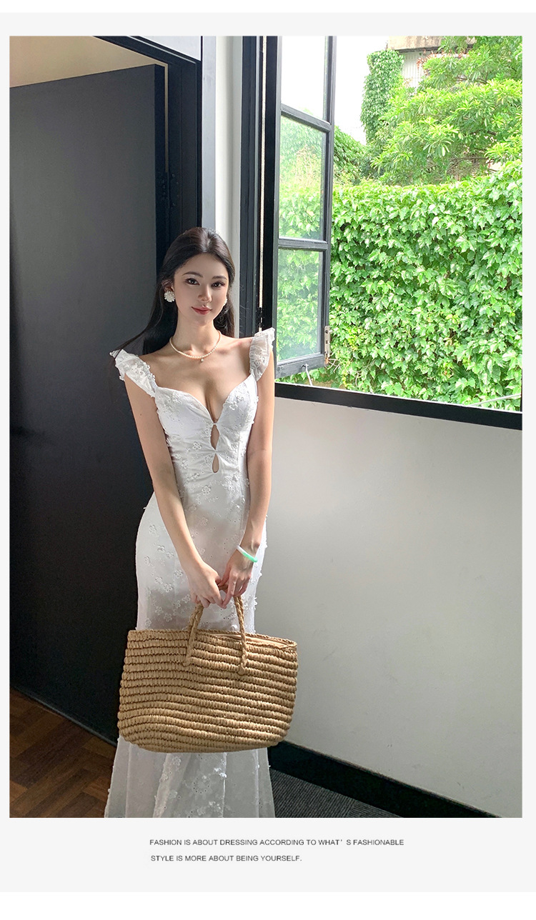 Flutter Sleeve Cream White French Lace Fitted Floral Maxi Dress 3C25784589B5928E2F8BBF452DE37C4D