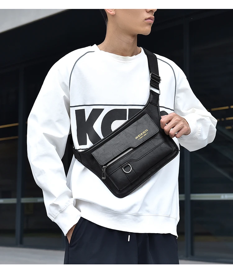 WEIXIER Men's PU Leather Chest Bags Crossbody Men Luxury Design Durable Pockets Chest Bag Business  Handbag Shoulder Bag