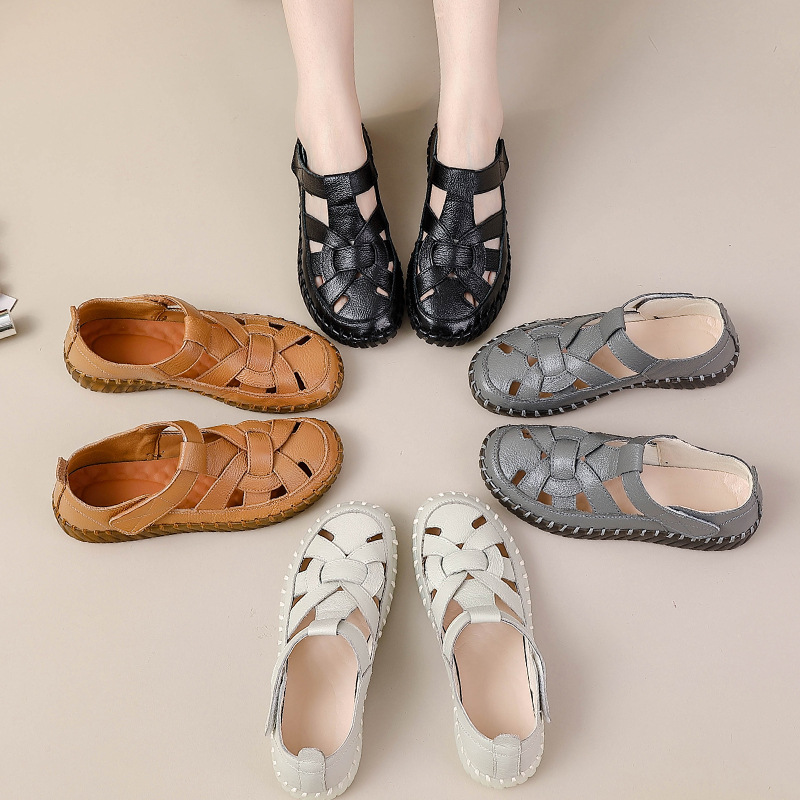 Leather perforated shoes with hollowed out toe caps for women soft soled non slip flat sandals for women image 6