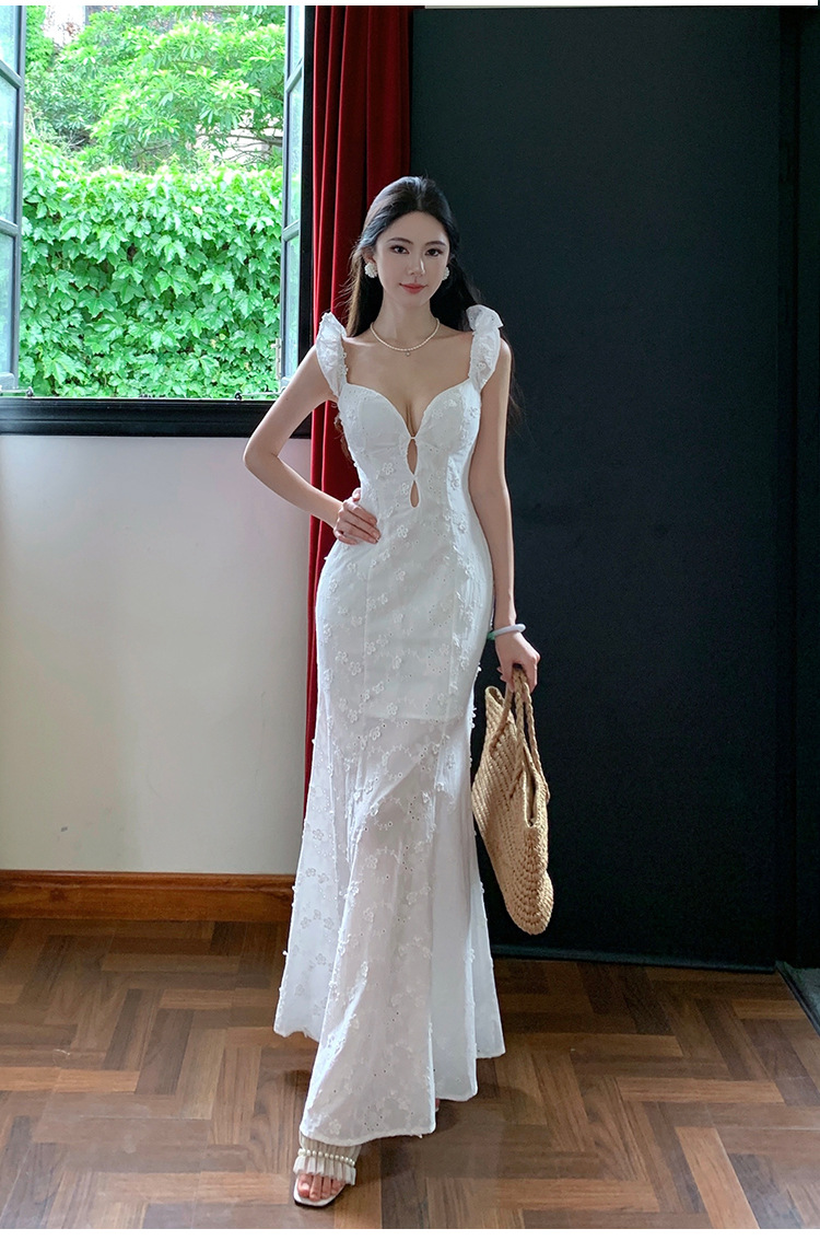 Flutter Sleeve Cream White French Lace Fitted Floral Maxi Dress 76CADB685F99E694C4600945F8AB4B27