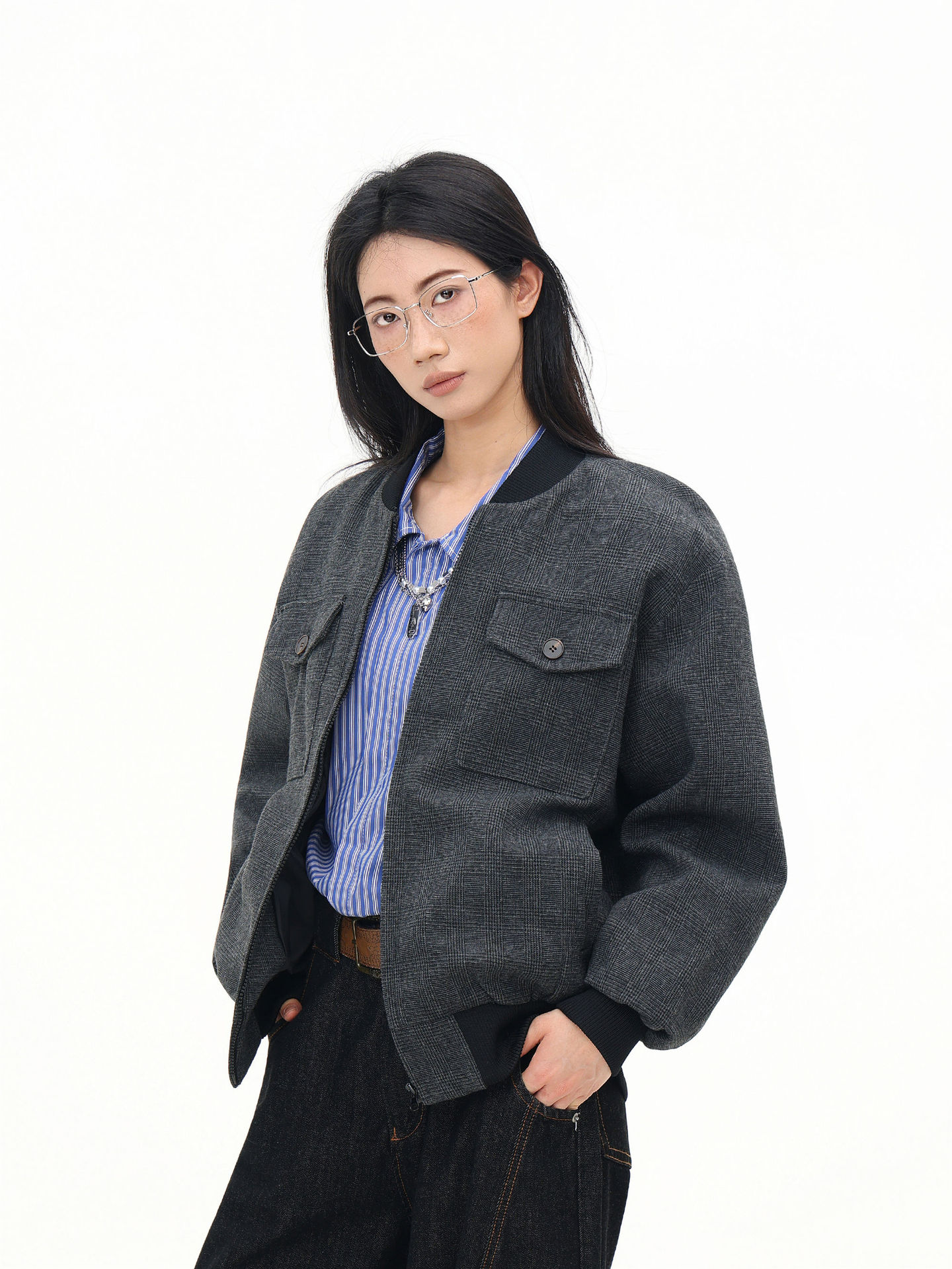 Vintage Gray Jacket with Flip Collar - Fabric Closeup