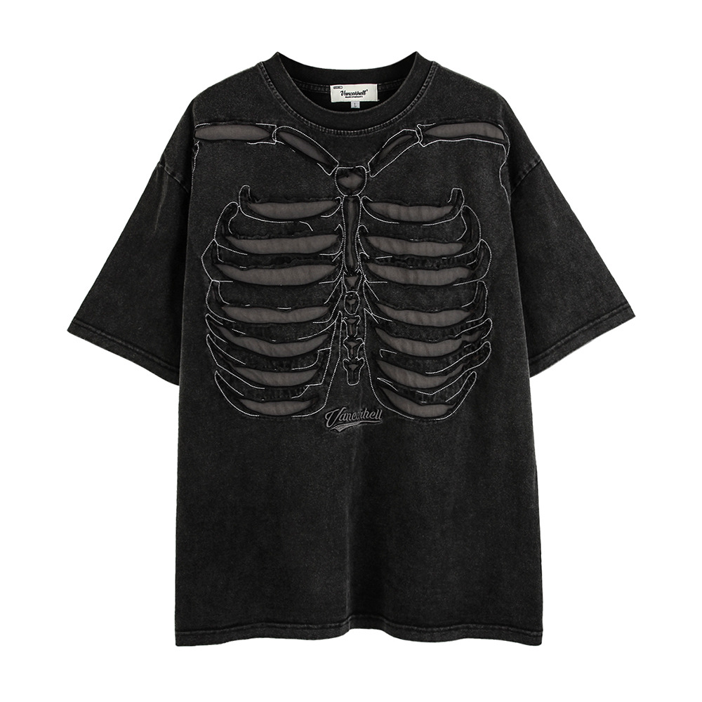 Oversized Skeleton Rib Cage T Shirt Gothic Washed Grunge Streetwear Tee