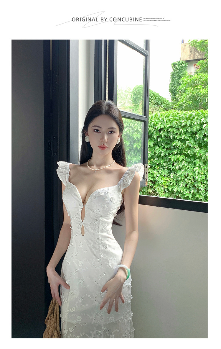 Flutter Sleeve Cream White French Lace Fitted Floral Maxi Dress C49DAB2B81BB30D4415DF63FCCBB5807