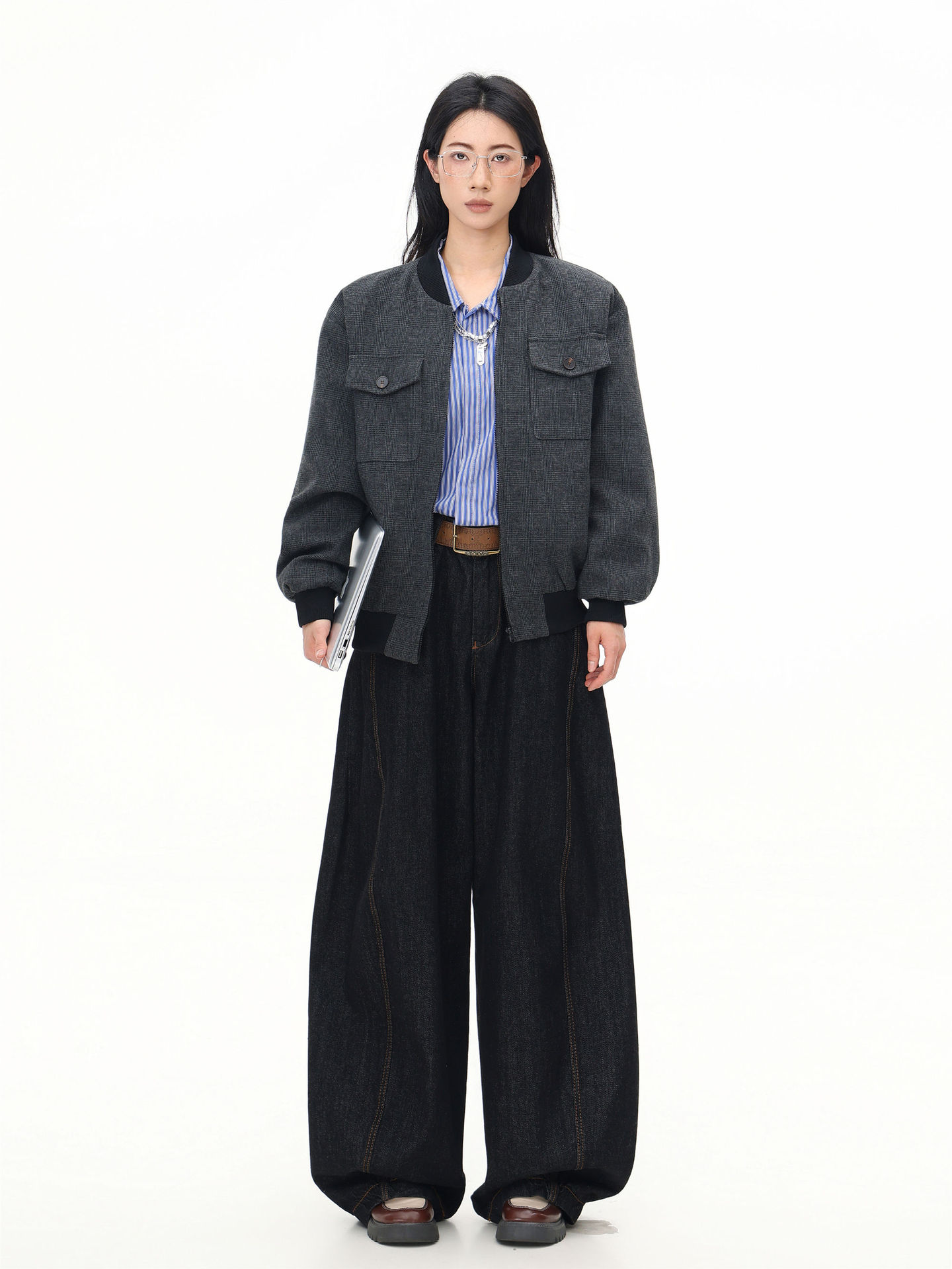 Vintage Gray Jacket with Flip Collar - Front View