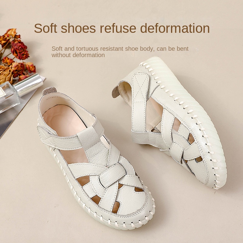 Leather perforated shoes with hollowed out toe caps for women soft soled non slip flat sandals for women image 7