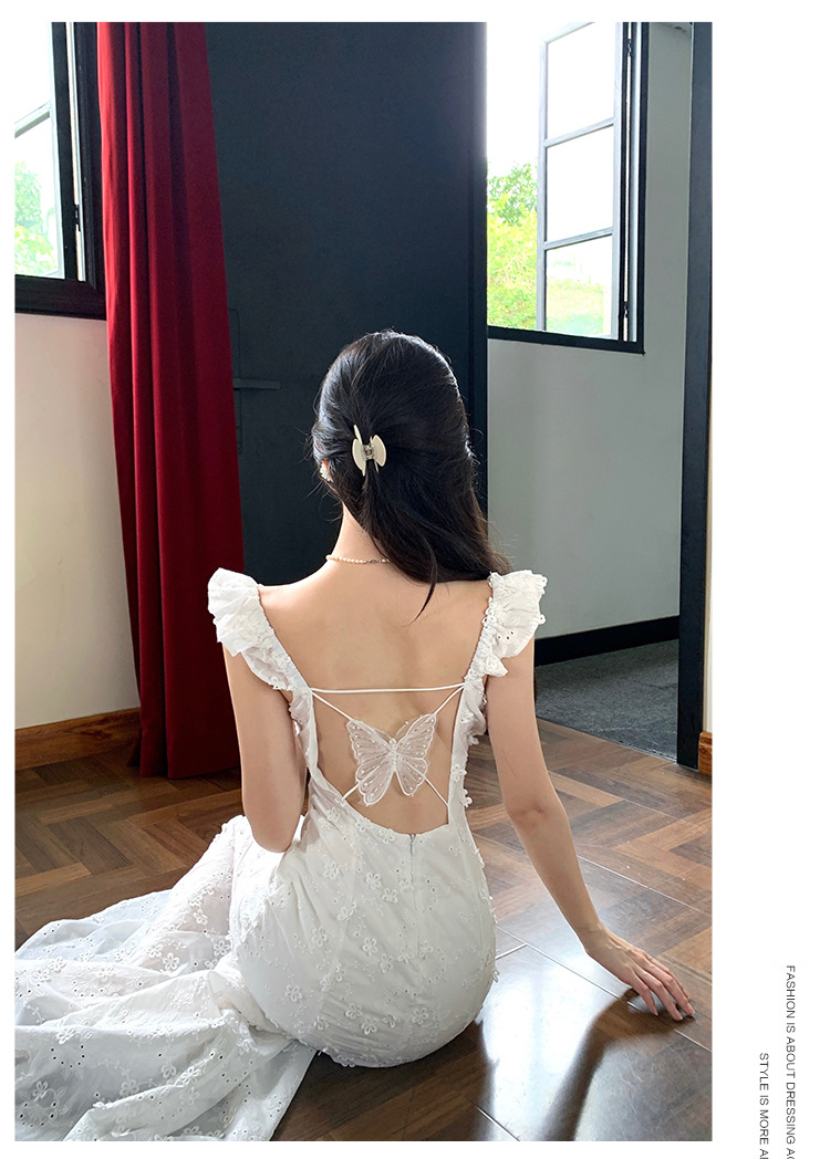 Flutter Sleeve Cream White French Lace Fitted Floral Maxi Dress CE868B04ED3BFB7110C6B6E3D22FF00C