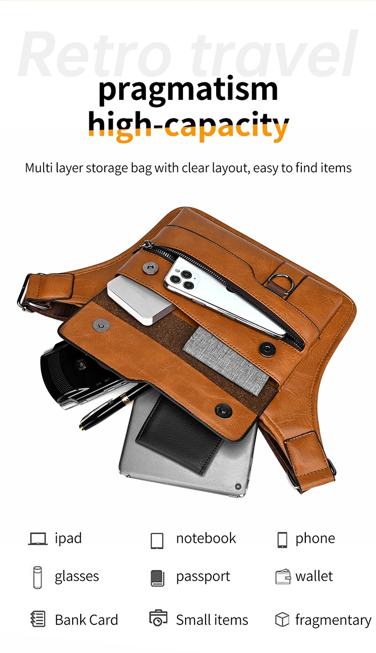 WEIXIER Men's PU Leather Chest Bags Crossbody Men Luxury Design Durable Pockets Chest Bag Business  Handbag Shoulder Bag